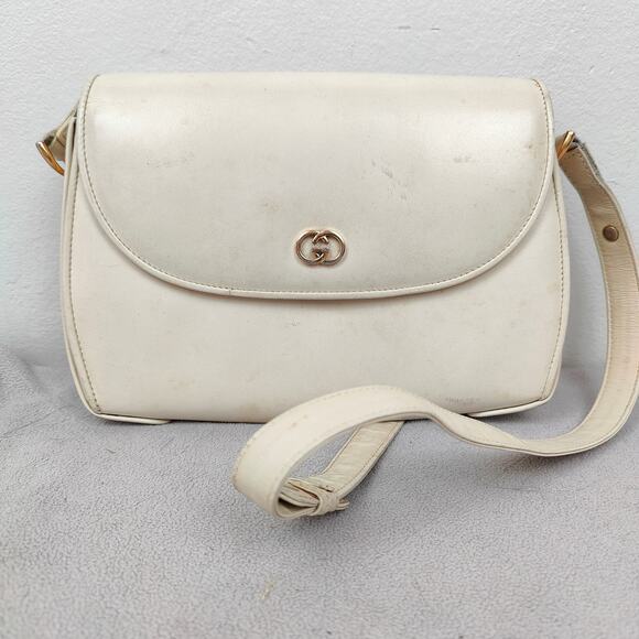 Vintage Gucci Leather Crossbody Bag Small Purse Off-White Cream 80s REPAIRED - Picture 1 of 14